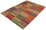 Flat Weave Kilim, Antique, Navaho, Vintage, Handmade, Modern Kilim Green Red Hand-Woven Rectangle 100% Wool Area Rug 7 x 10