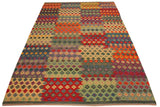 Flat Weave Kilim, Antique, Navaho, Vintage, Handmade, Modern Kilim Green Red Hand-Woven Rectangle 100% Wool Area Rug 7 x 10