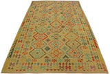 Flat Weave Kilim, Antique, Navaho, Vintage, Handmade, Geometric Kilim Tan Blue Hand-Woven Rectangle 100% Wool Area Rug 7 x 10