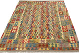 Flat Weave Kilim, Antique, Navaho, Vintage, Handmade, Geometric Kilim Beige Blue Hand-Woven Rectangle 100% Wool Area Rug 5 x 7