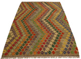 Flat Weave Kilim, Antique, Navaho, Vintage, Handmade, Modern Kilim Brown Green Hand-Woven Rectangle 100% Wool Area Rug 5 x 7