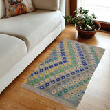 Flat Weave Kilim, Antique, Navaho, Vintage, Handmade, Modern Kilim Blue Gray Hand-Woven Rectangle 100% Wool Area Rug 3 x 4