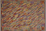 Boho Chic Turkish Kilim Bev Hand-Woven Wool Rug - 6'7'' x 9'9''