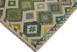 Flat Weave Kilim, Antique, Navaho, Vintage, Handmade, Geometric Kilim Ivory Green Hand-Woven Rectangle 100% Wool Area Rug 5 x 8