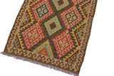 Flat Weave Kilim, Antique, Navaho, Vintage, Handmade, Geometric Kilim Brown Red Hand-Woven Runner 100% Wool Area Rug 4 x 8