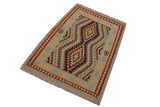 Flat Weave Kilim, Antique, Navaho, Vintage, Handmade, Geometric Kilim Tan Blue Hand-Woven Rectangle 100% Wool Area Rug 4 x 6