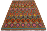 Flat Weave Kilim, Antique, Navaho, Vintage, Handmade, Modern Kilim Brown Pink Hand-Woven Rectangle 100% Wool Area Rug 5 x 6