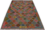 Flat Weave Kilim, Antique, Navaho, Vintage, Handmade, Modern Kilim Grey Pink Hand-Woven Rectangle 100% Wool Area Rug 5 x 7