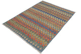 Flat Weave Kilim, Antique, Navaho, Vintage, Handmade, Modern Kilim Blue Rust Hand-Woven Rectangle 100% Wool Area Rug 5 x 7