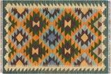 Rustic Kilim Jeramy Rust Blue Hand-Woven Wool Rug-2'0'' x 2'11''