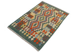 Handmade Geometric Kilim Blue Green Hand-Woven Rectangle 100% Wool Area Rug 3 X 4