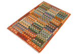 Flat Weave Kilim, Antique, Navaho, Vintage, Handmade, Modern Kilim Beige Rust Hand-Woven Rectangle 100% Wool Area Rug 4 x 6