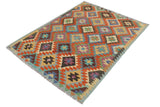 Flat Weave Kilim, Antique, Navaho, Vintage, Handmade, Geometric Kilim Rust Blue Hand-Woven Rectangle 100% Wool Area Rug 5 x 6