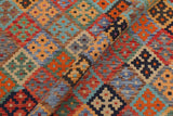 Flat Weave Kilim, Antique, Navaho, Vintage, Handmade, Geometric Kilim Blue Rust Hand-Woven Rectangle 100% Wool Area Rug 6 x 8