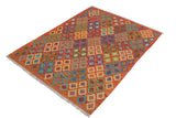 Flat Weave Kilim, Antique, Navaho, Vintage, Handmade, Geometric Kilim Rust Blue Hand-Woven Rectangle 100% Wool Area Rug 5 x 6