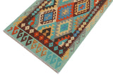 Flat Weave Kilim, Antique, Navaho, Vintage, Handmade, Geometric Kilim Blue Rust Hand-Woven Runner 100% Wool Area Rug 3 x 9