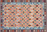 Flat Weave Kilim, Antique, Navaho, Vintage, Handmade, Geometric Kilim Beige Blue Hand-Woven Rectangle 100% Wool Area Rug 7 x 10