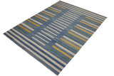 Flat Weave Kilim, Antique, Navaho, Vintage, Handmade, Modern Kilim Blue Beige Hand-Woven Rectangle 100% Wool Area Rug 9 x 12