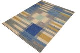 Flat Weave Kilim, Antique, Navaho, Vintage, Handmade, Modern Kilim Beige Blue Hand-Woven Rectangle 100% Wool Area Rug 9 x 10