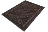 Flat Weave Kilim, Antique, Navaho, Vintage, Handmade, Geometric Kilim Black Green Hand-Woven Rectangle 100% Wool Area Rug 5 x 8