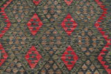 Flat Weave Kilim, Antique, Navaho, Vintage, Handmade, Geometric Kilim Charcoal Red Hand-Woven Rectangle 100% Wool Area Rug 6 x 8