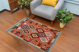 Flat Weave Kilim, Antique, Navaho, Vintage, Handmade, Geometric Kilim Rust Blue Hand-Woven Rectangle 100% Wool Area Rug 3 x 5