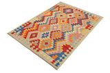 Flat Weave Kilim, Antique, Navaho, Vintage, Handmade, Geometric Kilim Red Blue Hand-Woven Rectangle 100% Wool Area Rug 4 x 6