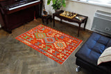 Handmade Geometric Kilim Rust Blue Hand-Woven Rectangle 100% Wool Area Rug 3 X 4