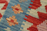 Handmade Geometric Kilim Red Blue Hand-Woven Square 100% Wool Area Rug 2 X 2