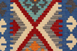 Flat Weave Kilim, Antique, Navaho, Vintage, Handmade, Geometric Kilim Red Blue Hand-Woven Runner 100% Wool Area Rug 3 x 6