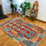 Flat Weave Kilim, Antique, Navaho, Vintage, Handmade, Geometric Kilim Rust Blue Hand-Woven Rectangle 100% Wool Area Rug 5 x 6