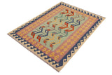 Flat Weave Kilim, Antique, Navaho, Vintage, Handmade, Modern Kilim Blue Beige Hand-Woven Rectangle 100% Wool Area Rug 4 x 6