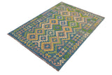 Handmade Geometric Kilim Blue Beige Hand-Woven Rectangle 100% Wool Area Rug 4 X 6