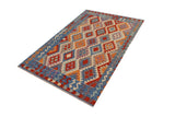 Flat Weave Kilim, Antique, Navaho, Vintage, Handmade, Geometric Kilim Rust Blue Hand-Woven Rectangle 100% Wool Area Rug 5 x 6