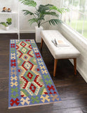 Flat Weave Kilim, Antique, Navaho, Vintage, Handmade, Geometric Kilim Blue Red Hand-Woven Runner 100% Wool Area Rug 3 x 6