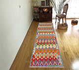 Flat Weave Kilim, Antique, Navaho, Vintage, Handmade, Modern Kilim Blue Rust Hand-Woven Runner 100% Wool Area Rug 3 x 10