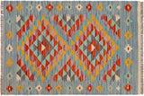 Caucasian Kilim Olivia Blue Rust Hand-Woven Wool Rug-1'11'' x 3'0''