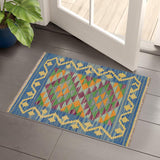 Handmade Geometric Kilim Blue Gold Hand-Woven Rectangle 100% Wool Area Rug 2 X 3