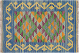 Handmade Geometric Kilim Blue Gold Hand-Woven Rectangle 100% Wool Area Rug 2 X 3