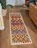 Flat Weave Kilim, Antique, Navaho, Vintage, Handmade, Geometric Kilim Beige Blue Hand-Woven Runner 100% Wool Area Rug 3 x 6