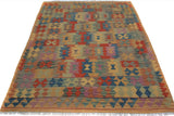 Flat Weave Kilim, Antique, Navaho, Vintage, Handmade, Geometric Kilim Tan Blue Hand-Woven Rectangle 100% Wool Area Rug 5 x 6