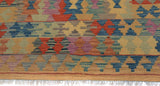 Flat Weave Kilim, Antique, Navaho, Vintage, Handmade, Geometric Kilim Tan Blue Hand-Woven Rectangle 100% Wool Area Rug 5 x 6