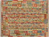 Tribal Turkish Kilim Avelina Beige/Blue Wool Rug - 4'11'' x 6'7''