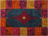 Overdyed Patch work Keven Green/Magenta Hand-Knotted Rug 8'1 x 10'3