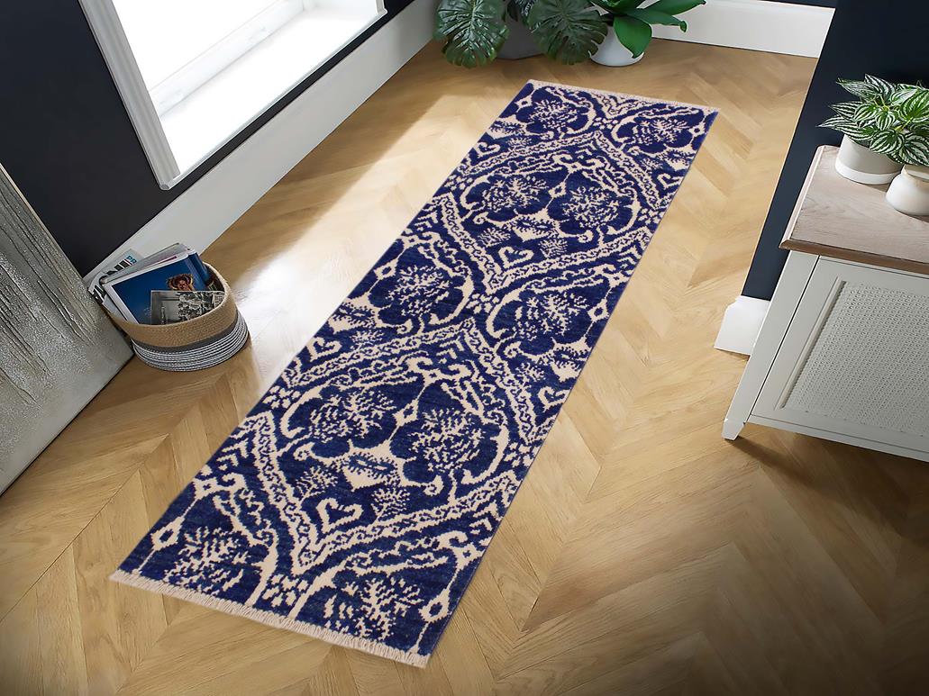 handmade Modern Kafkaz Blue Ivory Hand Knotted RUNNER WOOL&SILK area rug 2x6 