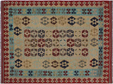 Retro Turkish Kilim Margueri Tan/Red Wool Rug - 4'7'' x 6'8''