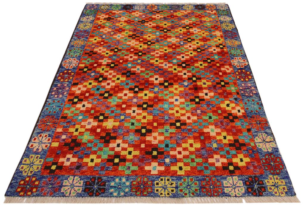 handmade Geometric Balouchi Orange Blue Hand Knotted RECTANGLE 100% WOOL area rug 3 x 5