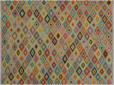 Bohemian Turkish Kilim Arlene Green/Beige Wool Rug - 6'8'' x 9'9''