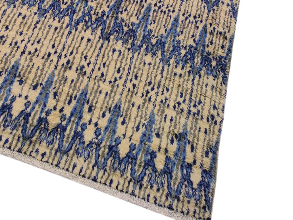 handmade Modern Moroccan Ivory Blue Hand Knotted RECTANGLE 100% WOOL area rug 9x12