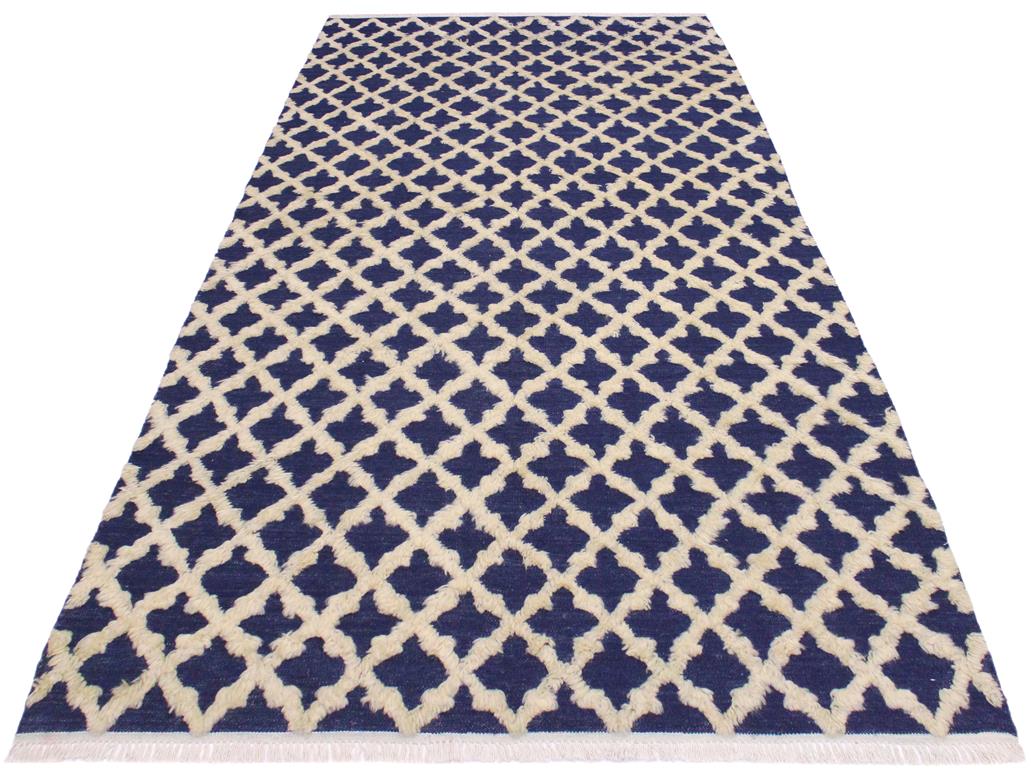handmade Modern Moroccan Hi Blue Ivory Hand Knotted RECTANGLE 100% WOOL area rug 4x6